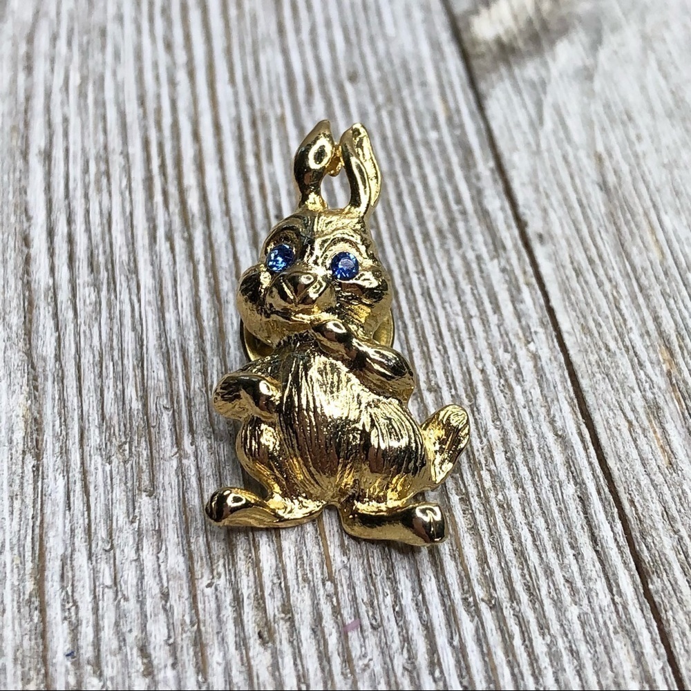 Vintage Gold Rabbit Blue Rhinestone Bunny Pin - Picture 6 of 6